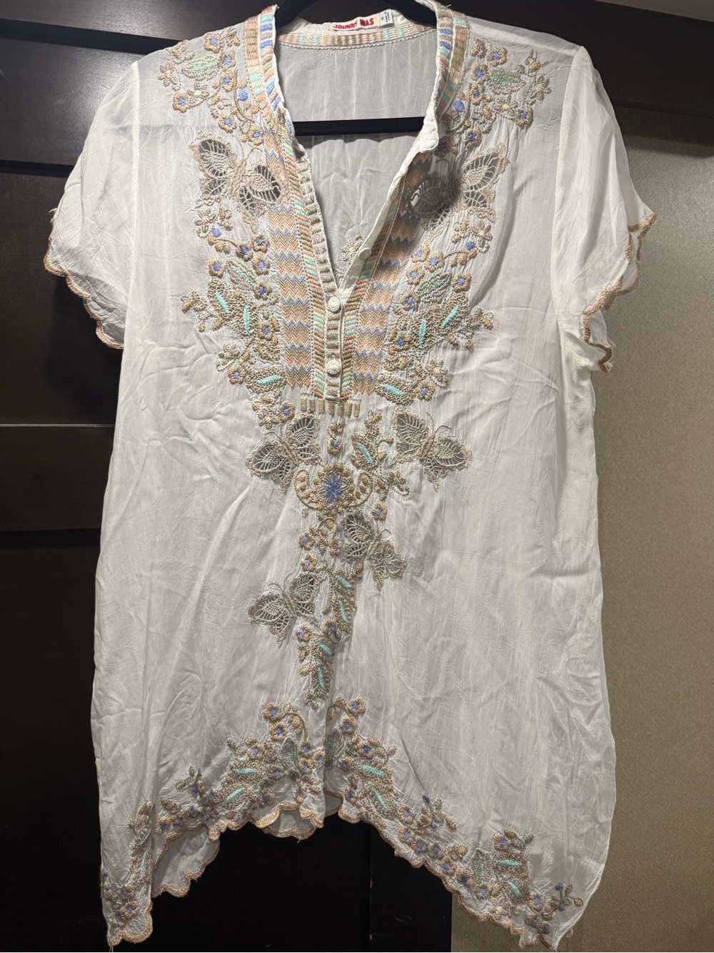 Johnny Was White Embroidered V-Neck Tunic with Pastel Accents
